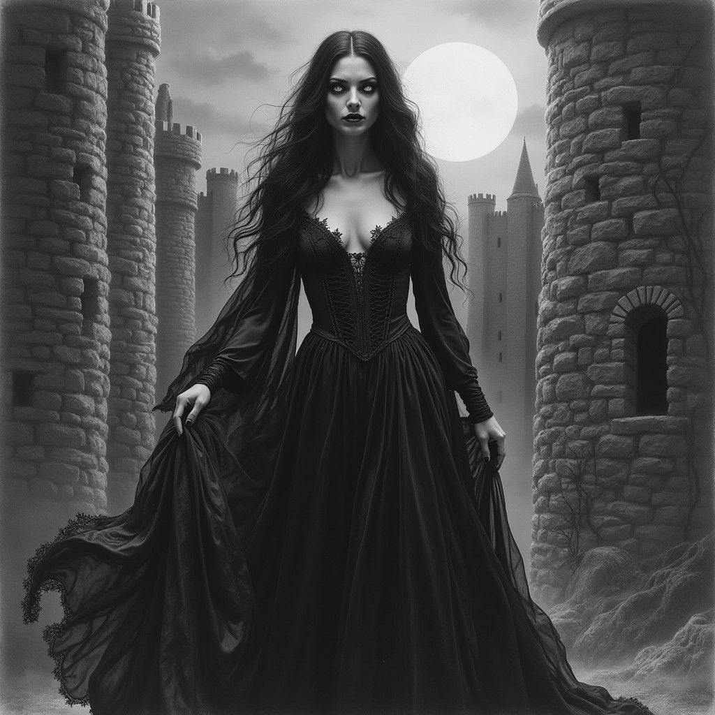 Pale Vampire Lady Reigns Over Medieval Castle in Moonlit Ele...