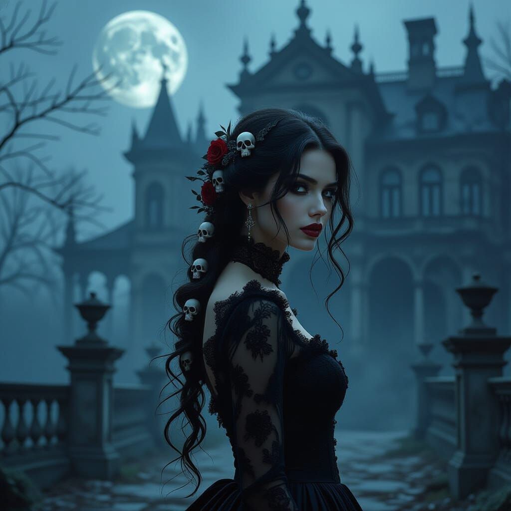 Gothic Woman With Rose Vine Skull Hair in Moonlit Mist