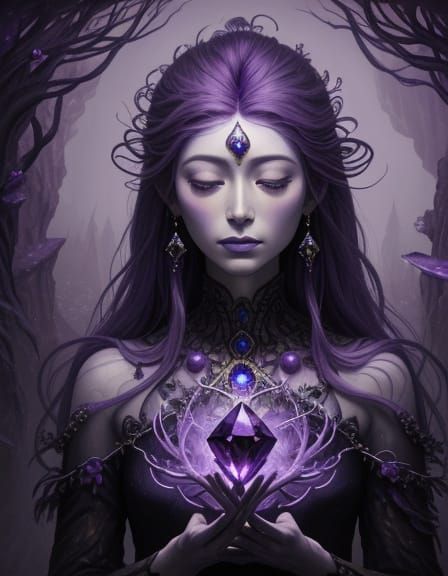 Amethyst Crystal Meditating Figure in Violet Mist