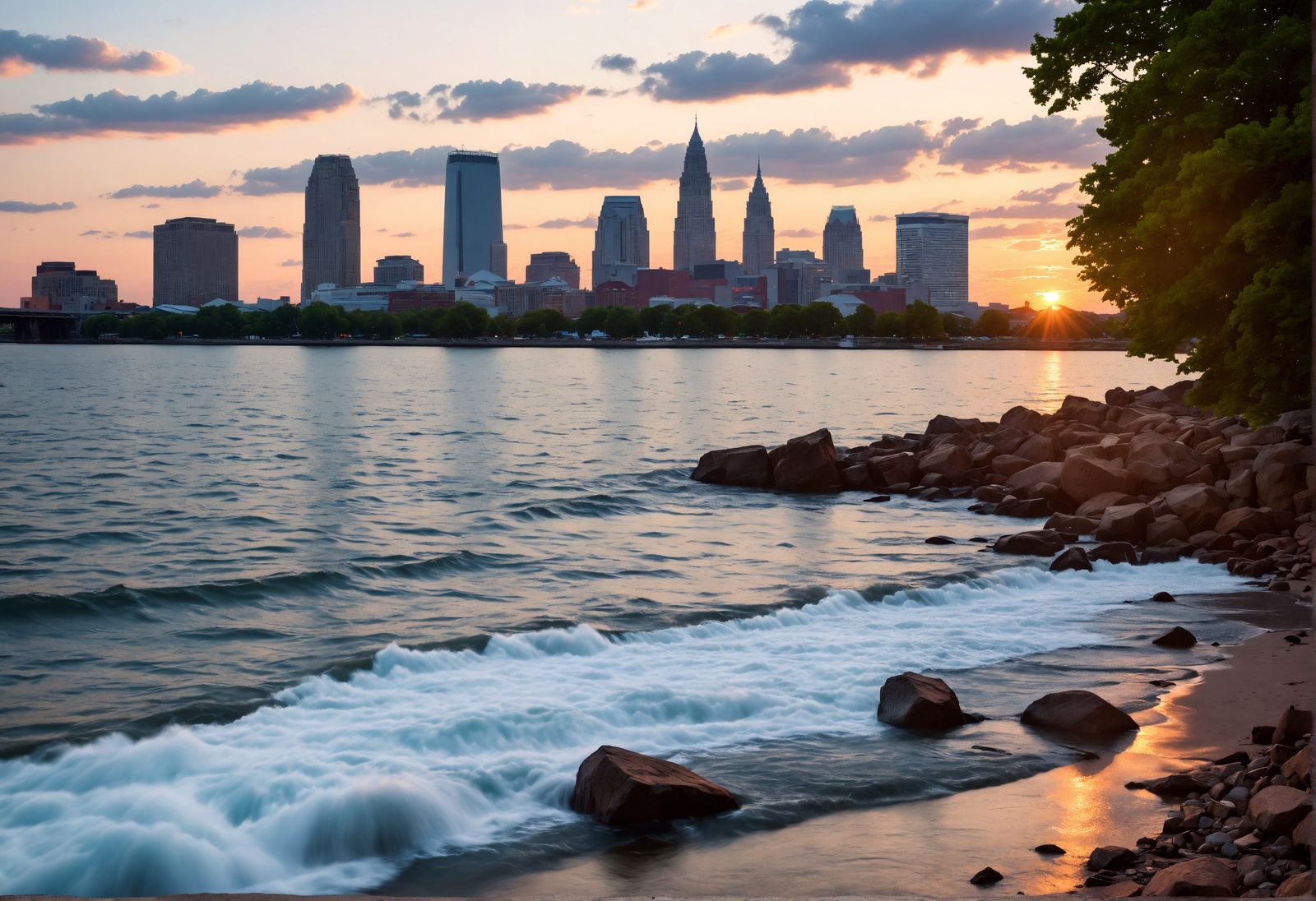 Cleveland Ohio Skyline at Sunset: Photorealistic Matte Paint...