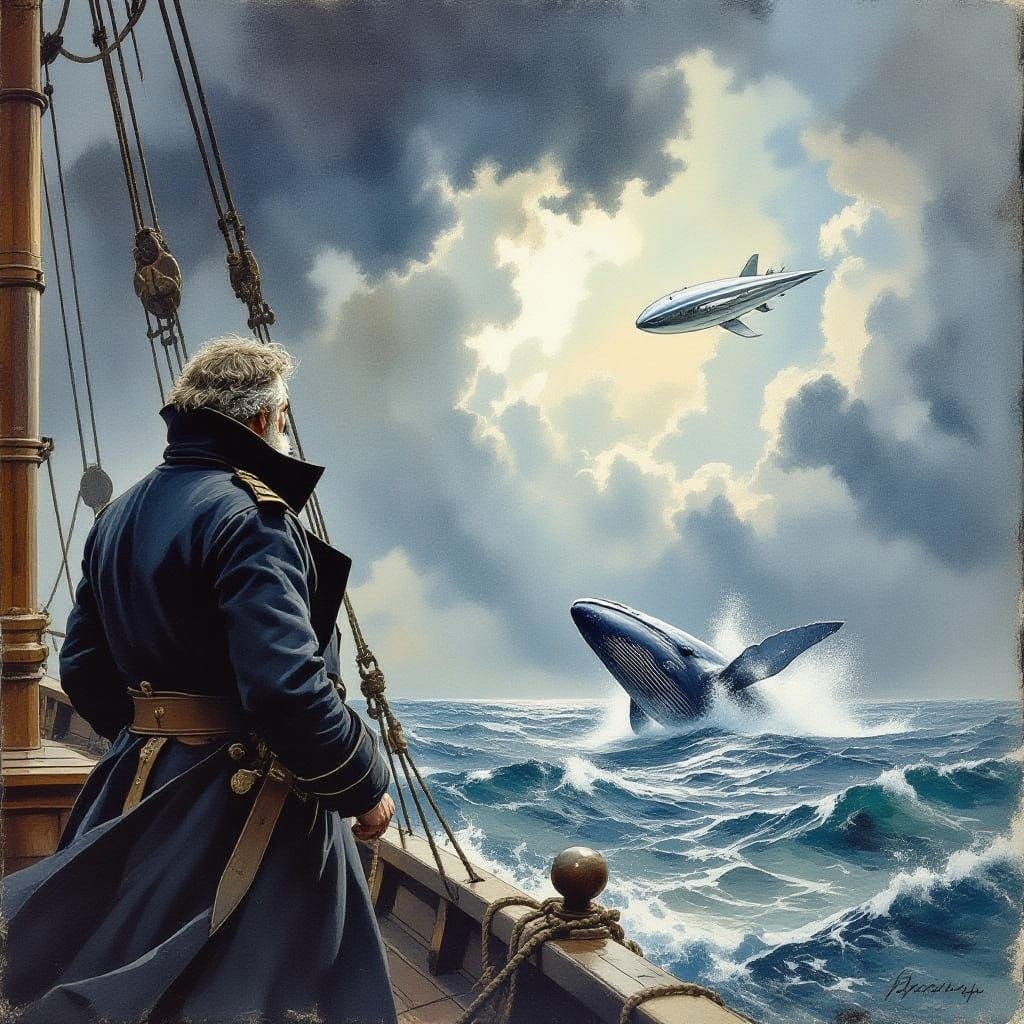 Watercolor, 1800s Sea Captain Contemplates Turbulent Seas