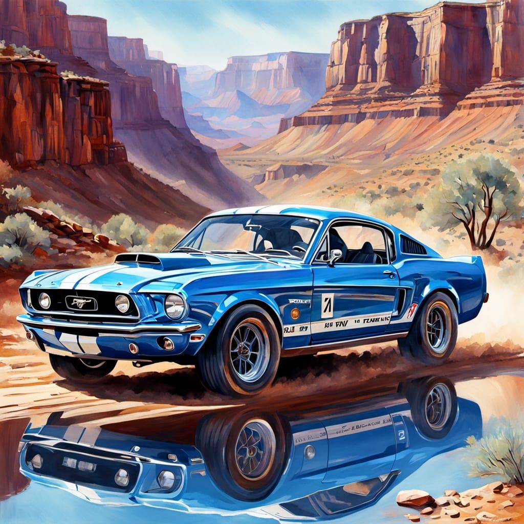 Ford Mustang Rally Car in Grand Canyon: Watercolor Style