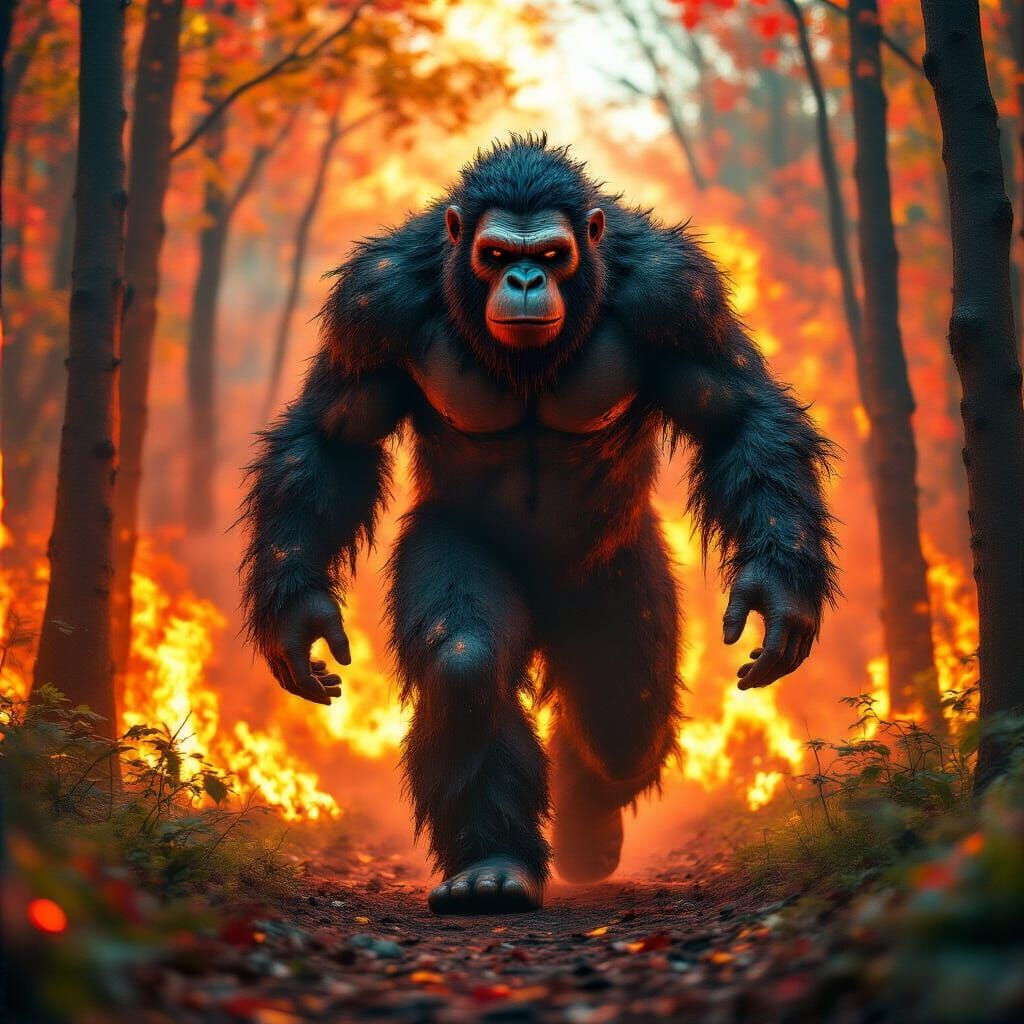 Fiery Ape Ignites Forest: Hyperrealistic Cinematic Art