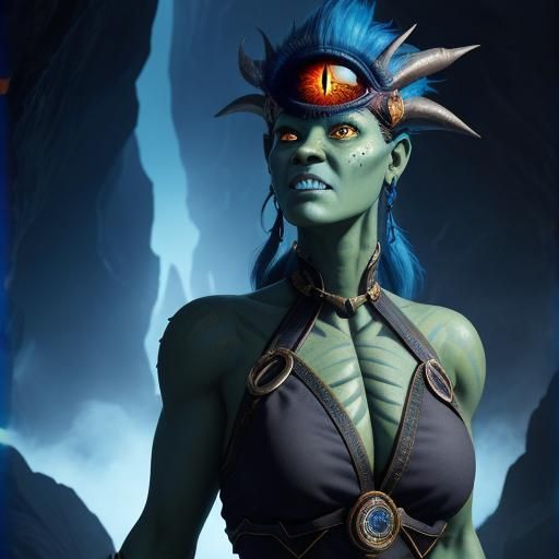 An, ugly female cyclops with green/blue skin and large tusk-like teeth. Standing in front of a large cave.