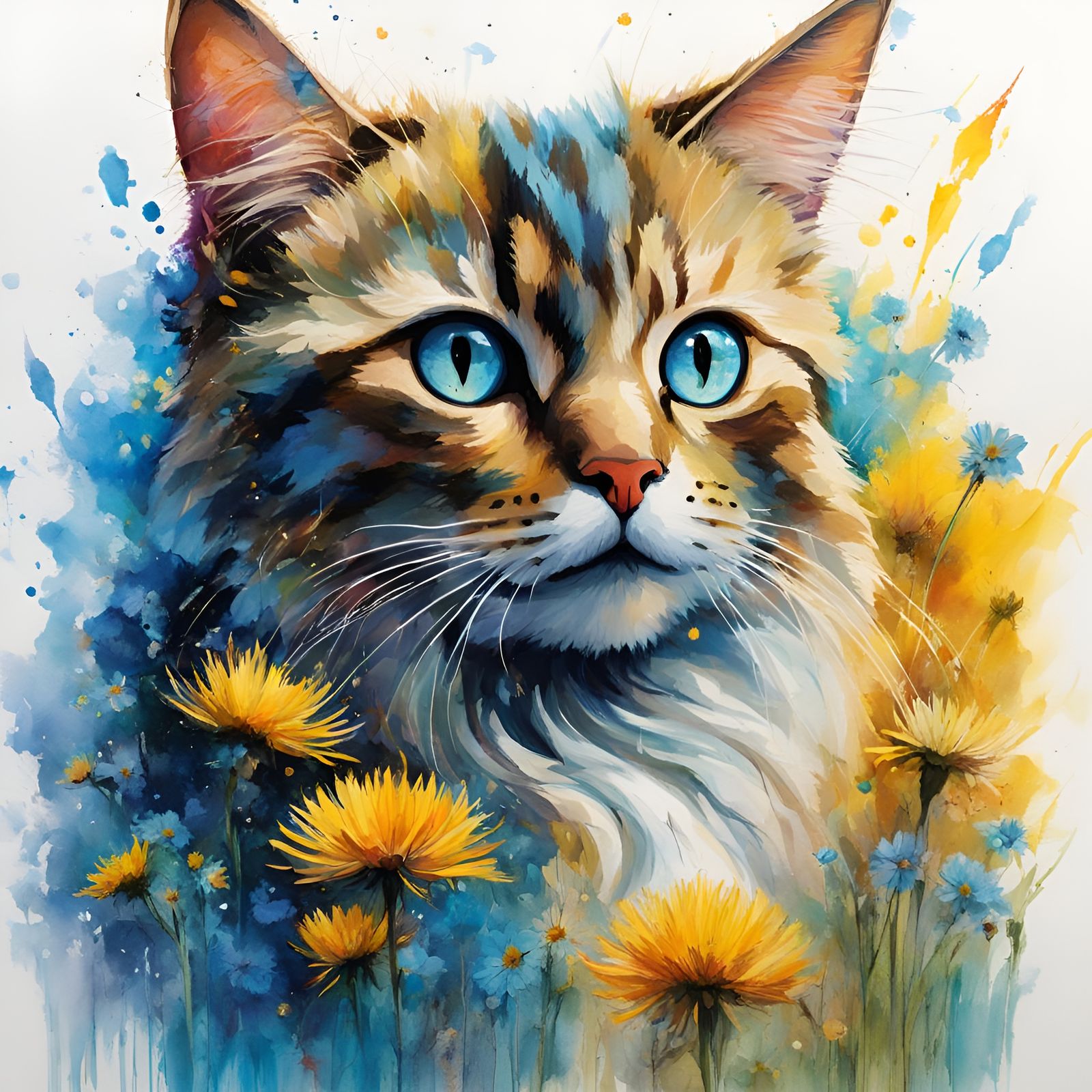 Blue Cat in Wildflower Field: Splash Art Style