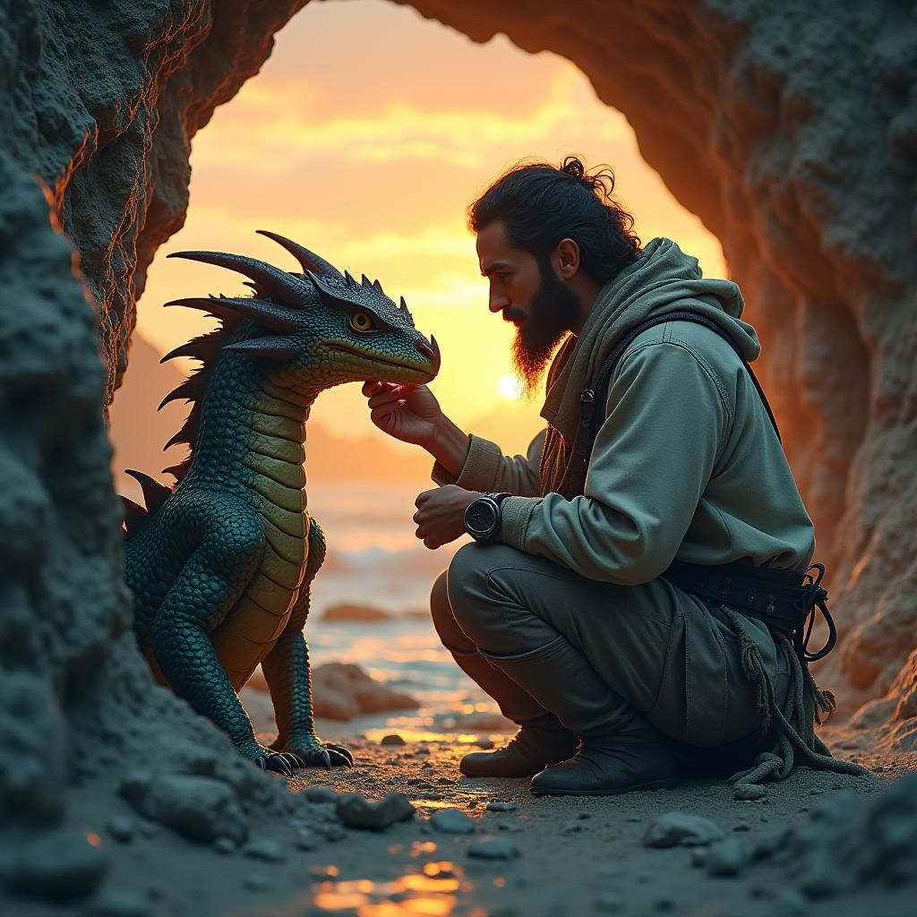 Man and Three-Headed Dragon at Sunset