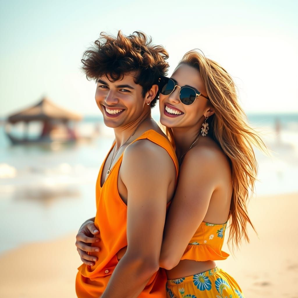 Joyful Beach Embrace in Vibrant Summer Style