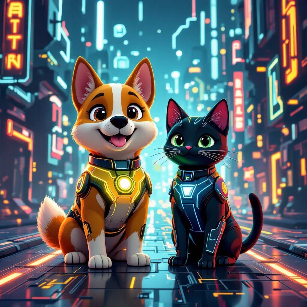 Neon Cyberpunk Cityscape with Superhero Pets