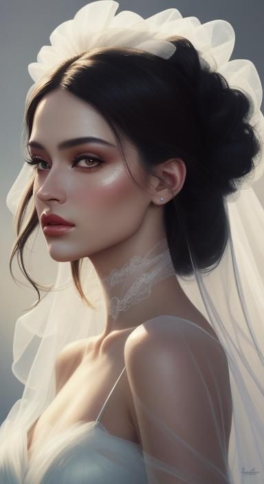 Hyper-realistic illustration. Close-up portrait. A lithe, muscular woman in luxurious tulle clings to every curve of her...