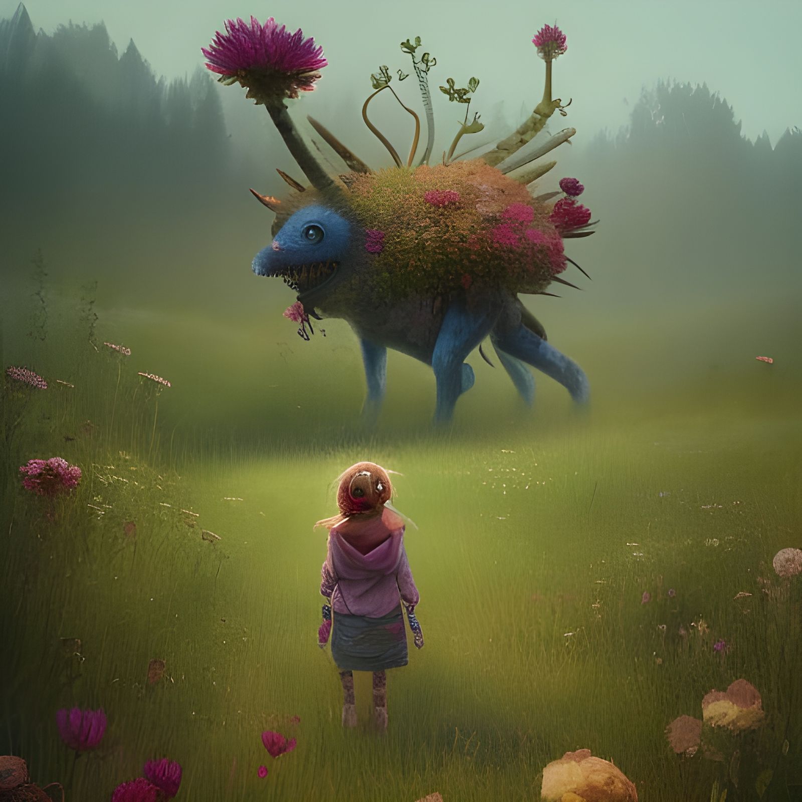 Adorable Mythical Monster Finds Flowers: Detailed Fantasy Ar...