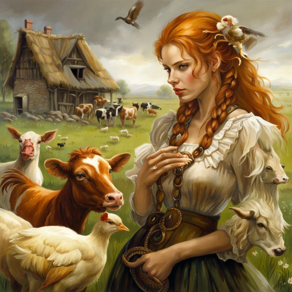 Ginger Villager with Chickens in Fantasy Art Style
