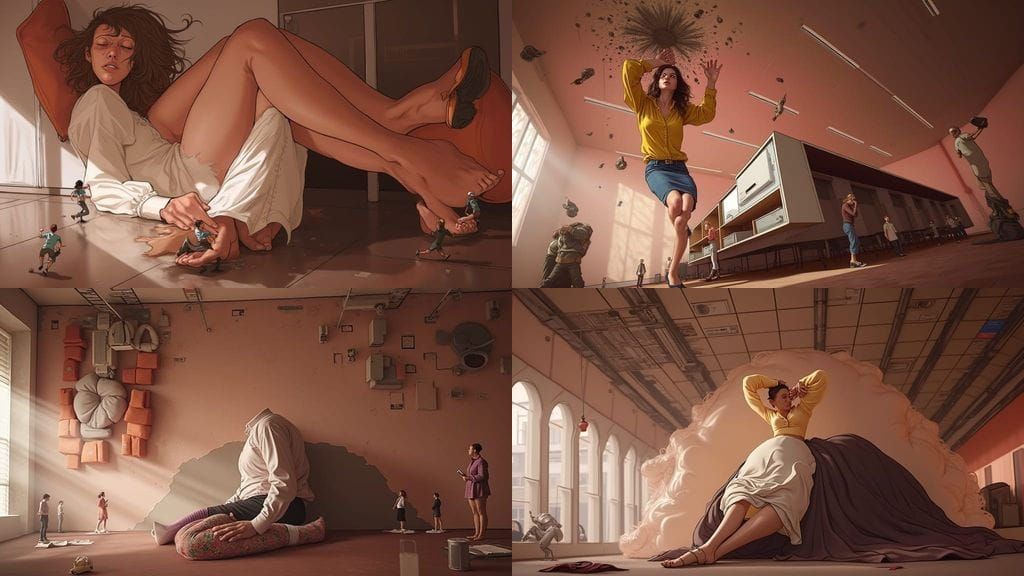 Giant Woman Growing in Modern Office