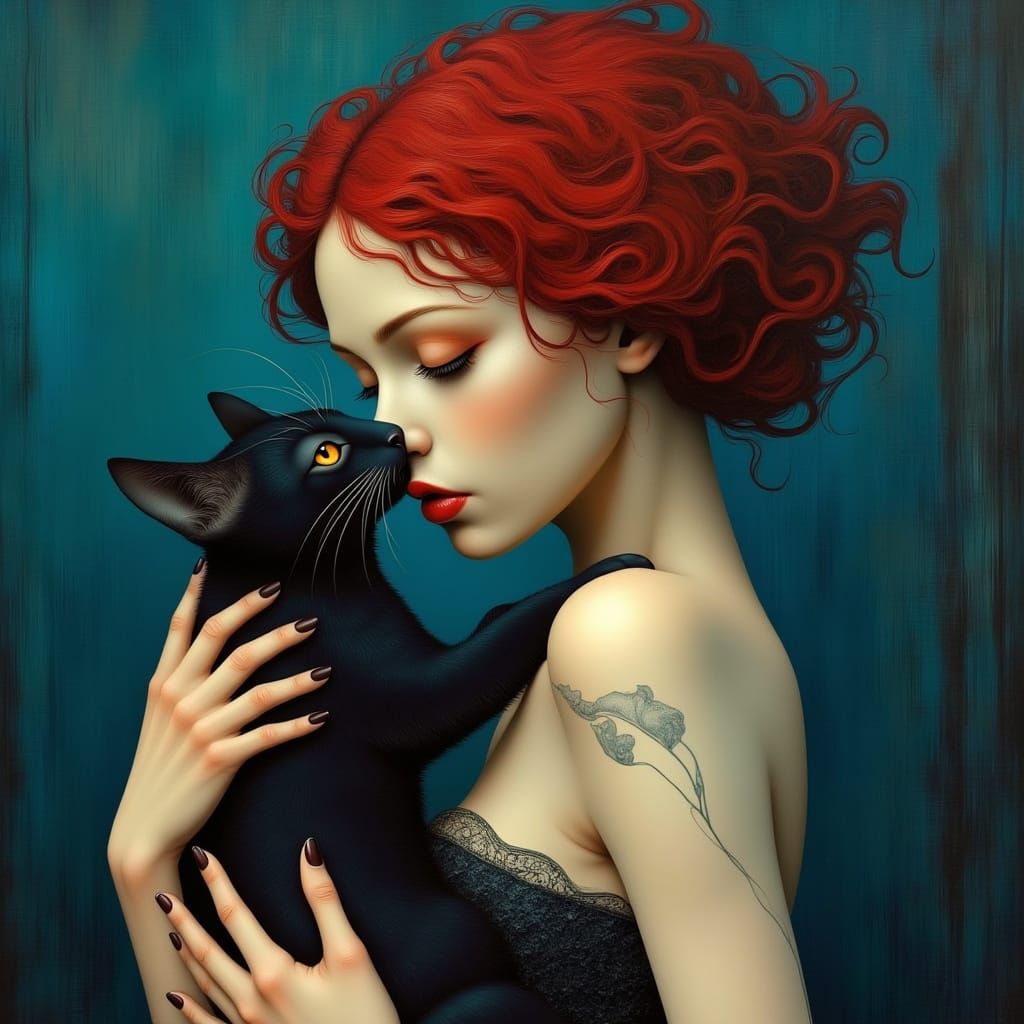 <lora:IngeS style:1.0> Art by Luis Royo Wojtek Siudmak  Claude Monet Paul Cézanne, insurgent holding a cat in his arms, ...