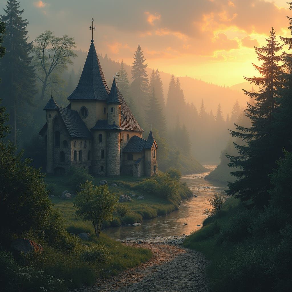 Fantasy Slavic Village at Sunset with Iridescent Light