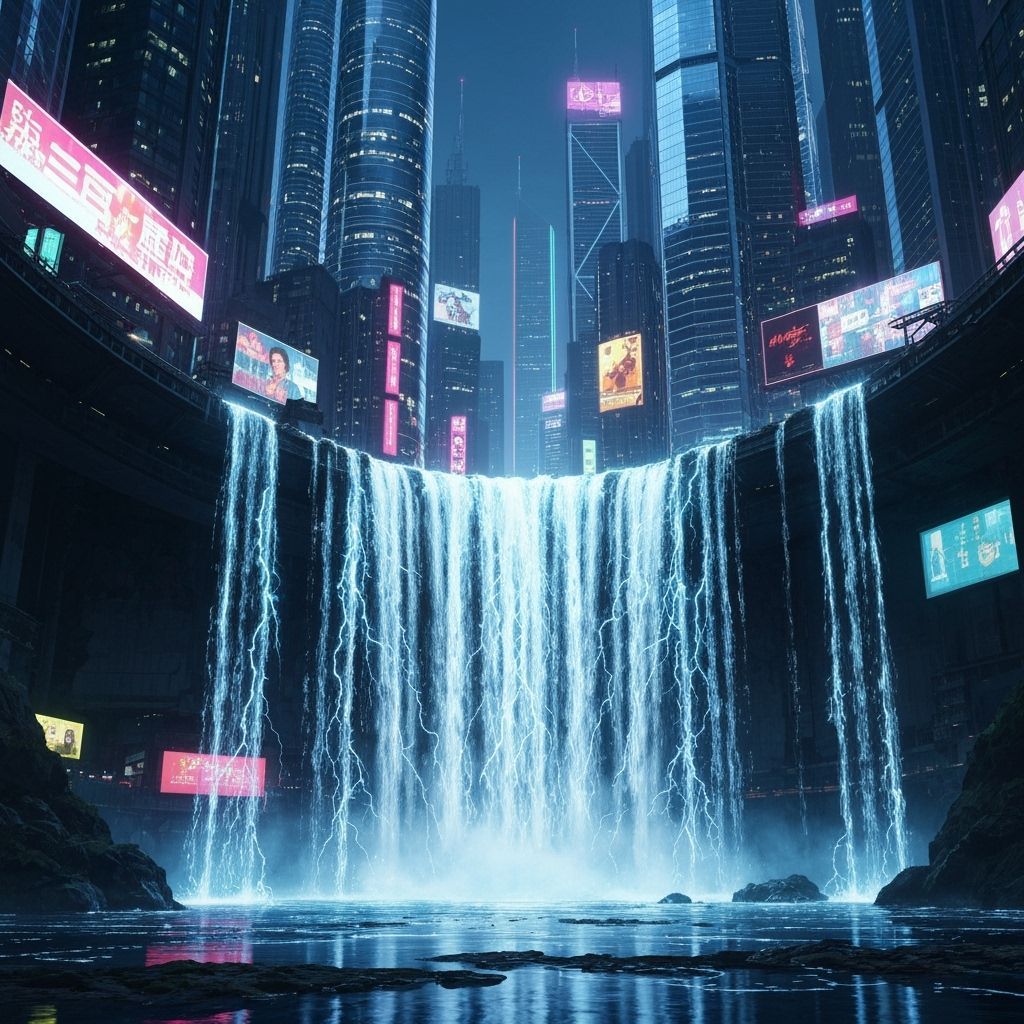 Cyberpunk Waterfall of Data and Neon Light