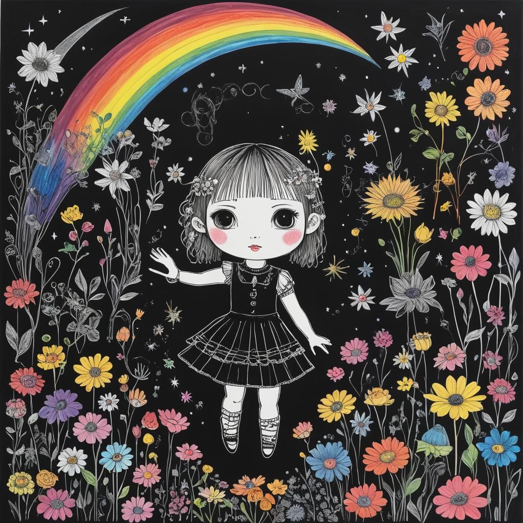 Chibi Goth Woman in Surreal Crayon Drawing