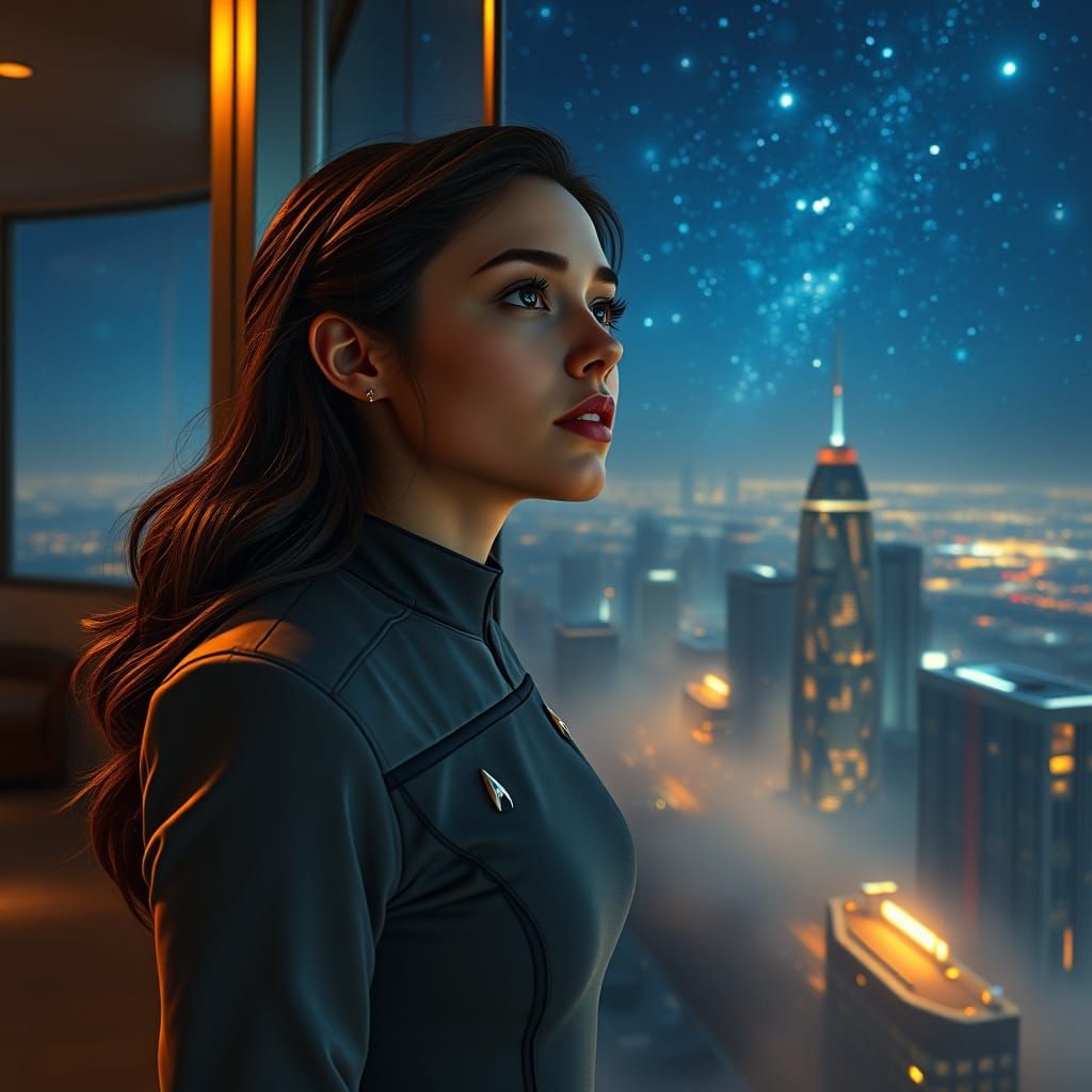 Sleek Starfleet Officer Lost in Thought Among the Stars