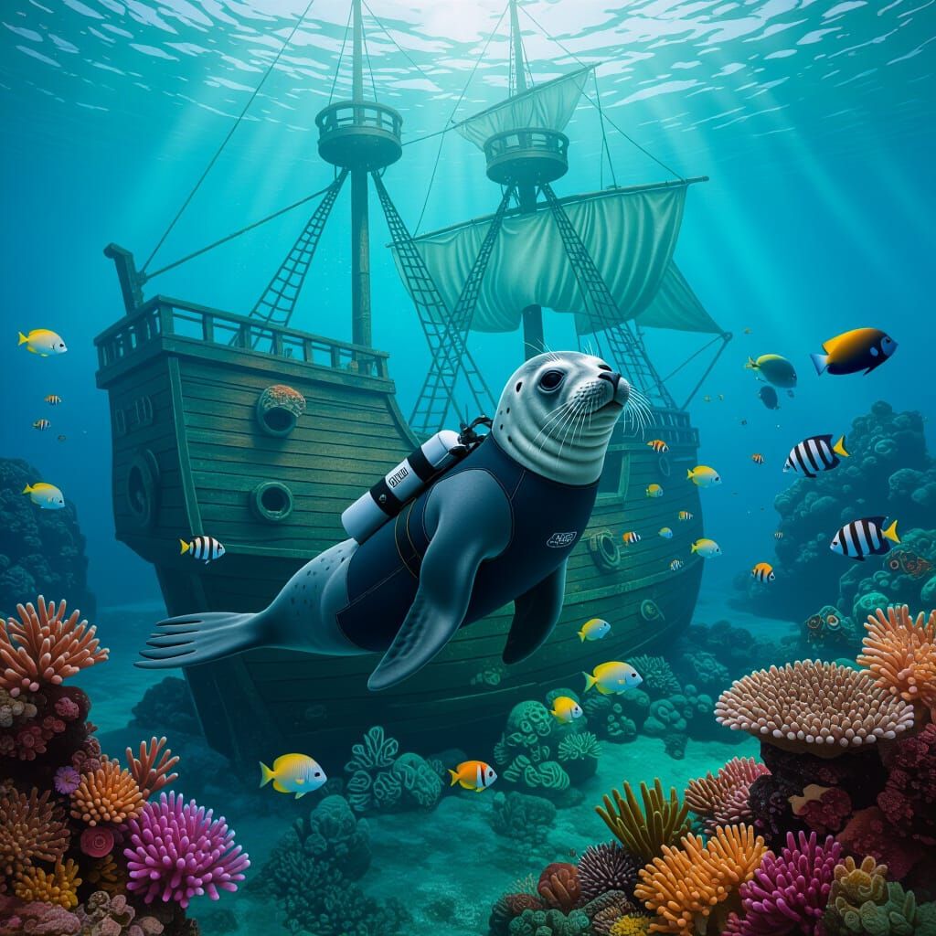 Seal Diver Explores Sunken Ship: Hyperrealistic Storybook Sc...