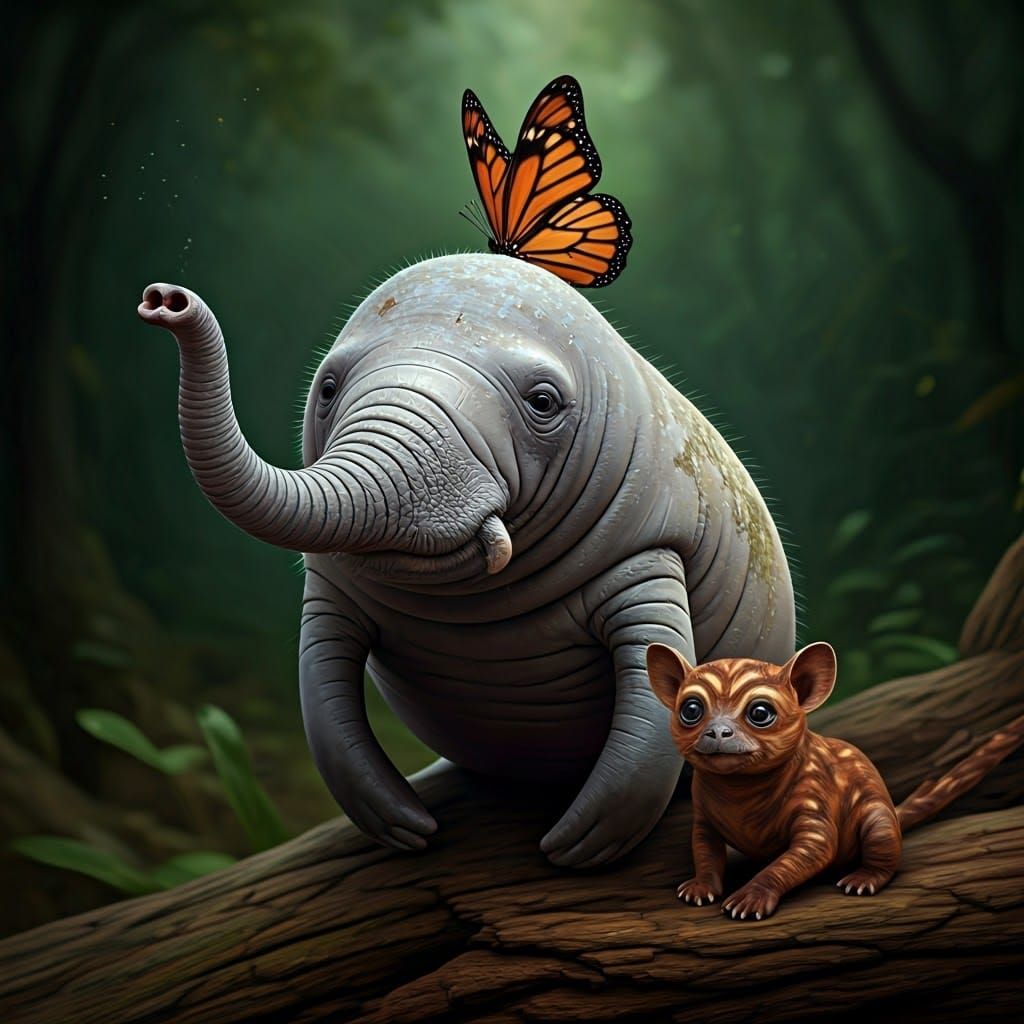 Baby Manatee with Elephant Trunk and Butterfly Wings