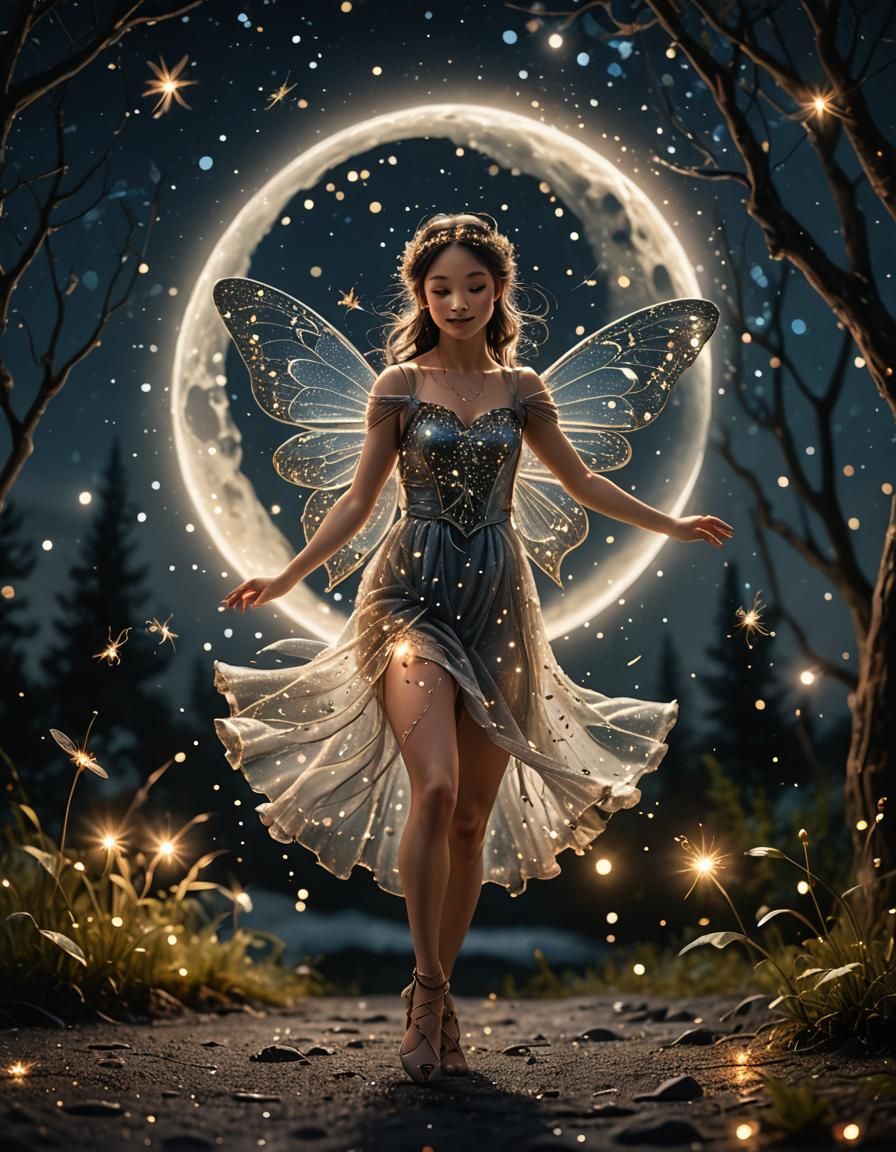 Fairy Dancing on the Moon with Silver Sparkles