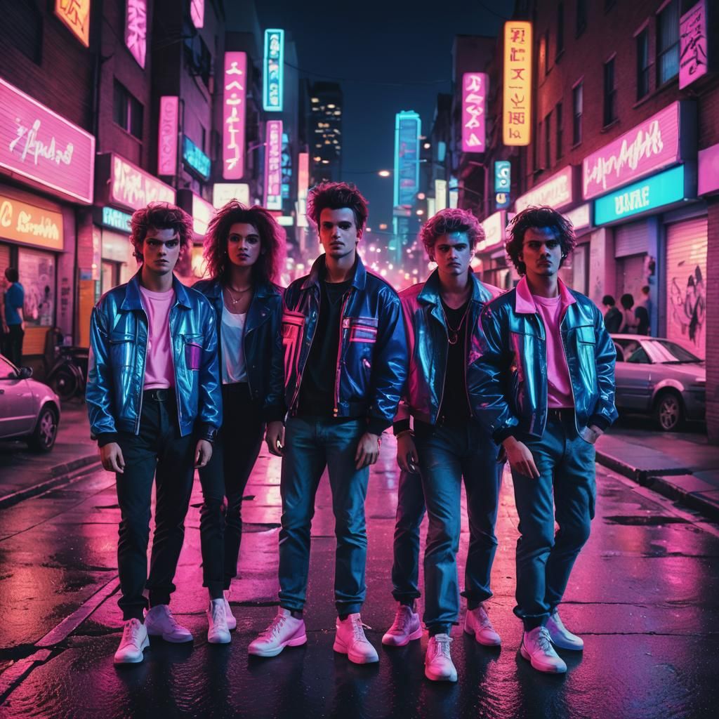 Vibrant 80s Band in Neon-Lit Cityscape