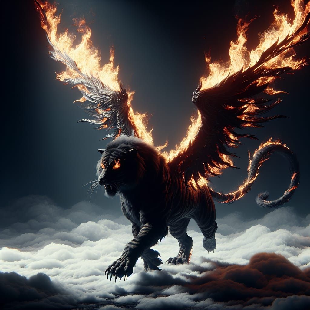 Flaming Winged Tiger Above Clouds