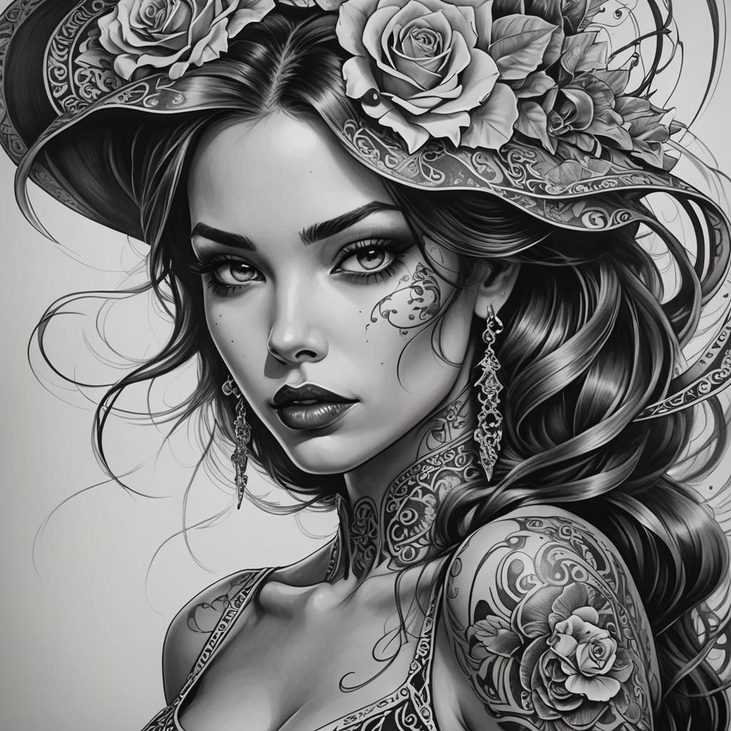 Noir Comic Art Portrait of a Tattooed Woman