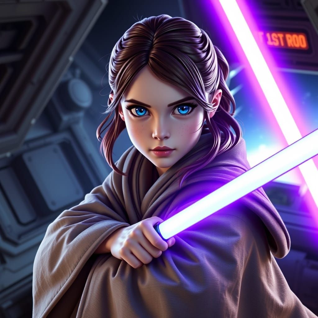 Jedi Girl with Purple Lightsaber on Spaceship