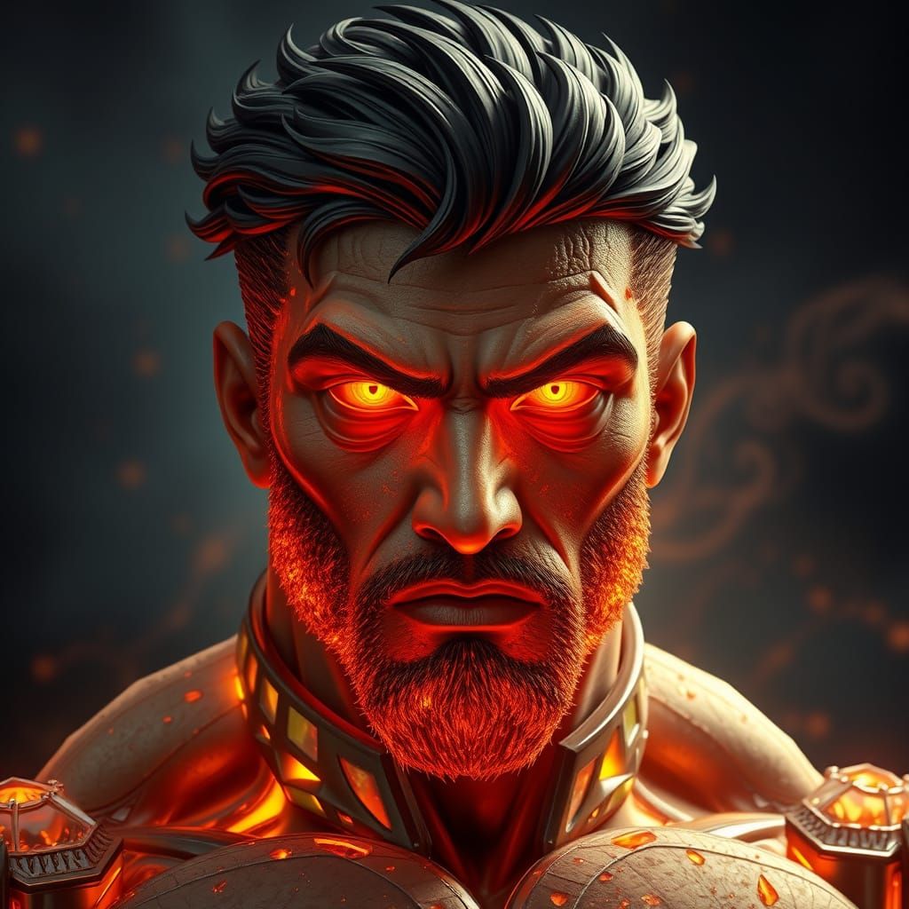 A beefcake male made of pie crystal topaz with burning fiery...