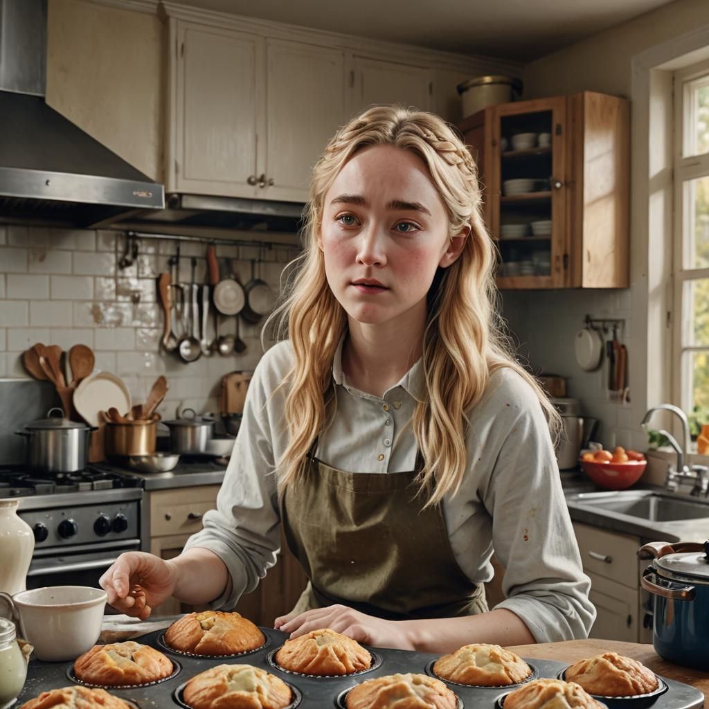 Hyperrealistic Saoirse Ronan Baking Muffins