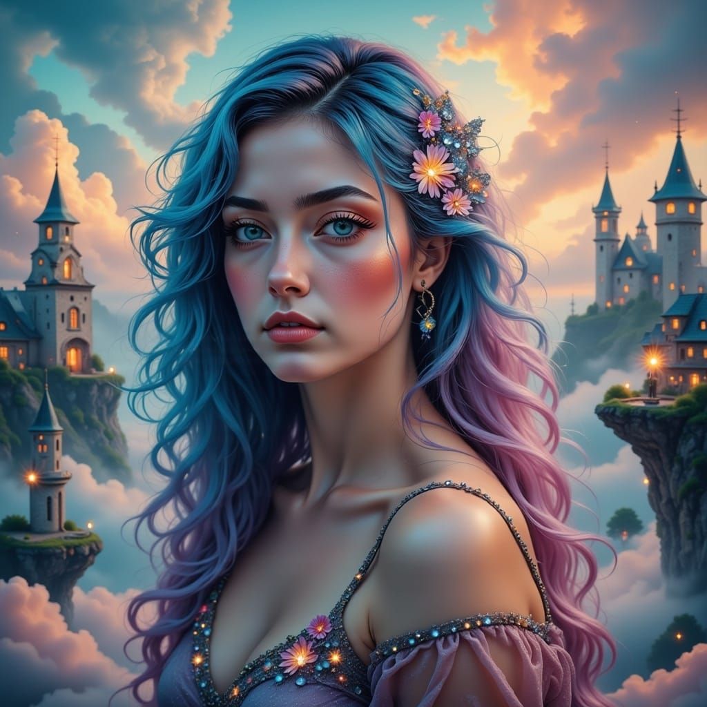 Glowing Goddess Surrounded by Skybound Villages