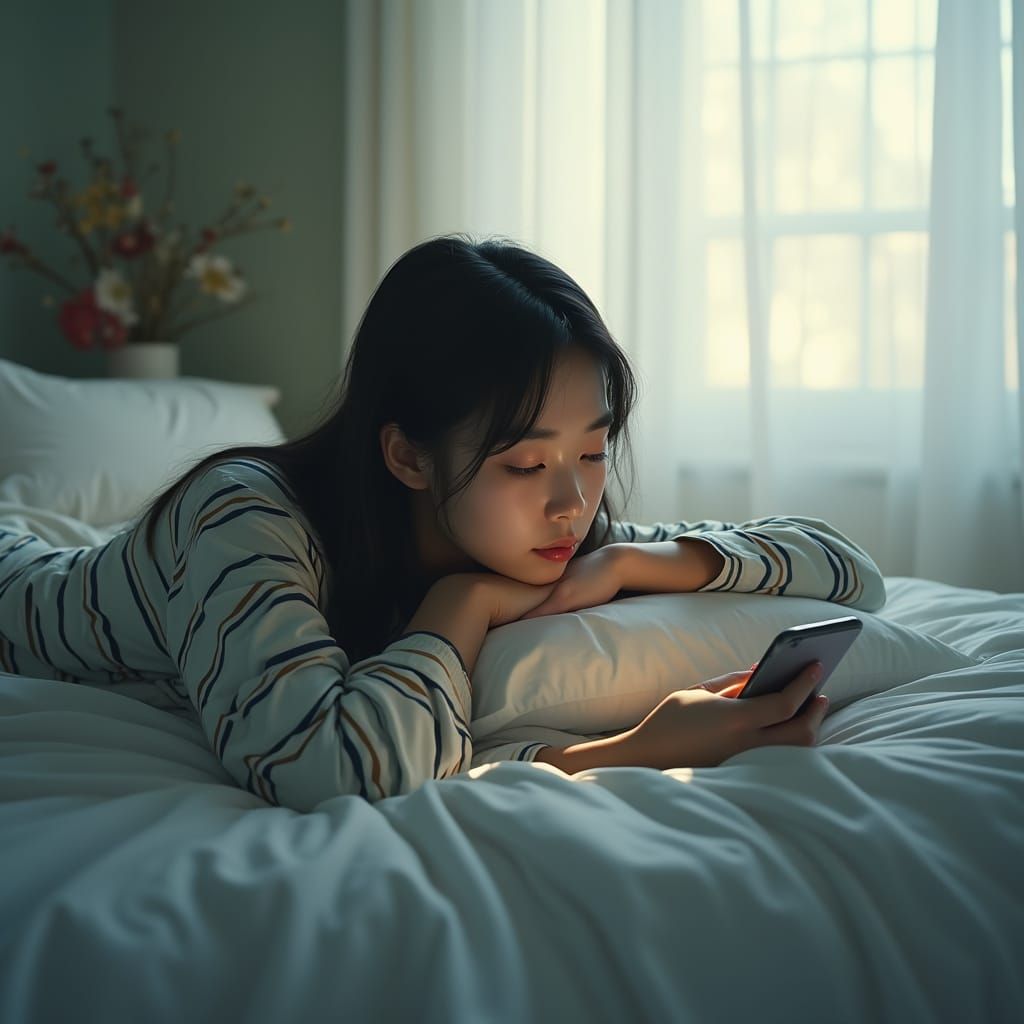 Korean Woman in Pajamas Gazes at Smartphone in Serene Room