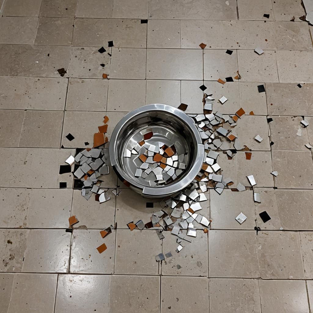 Shattered Dog Bowl on Tiled Floor