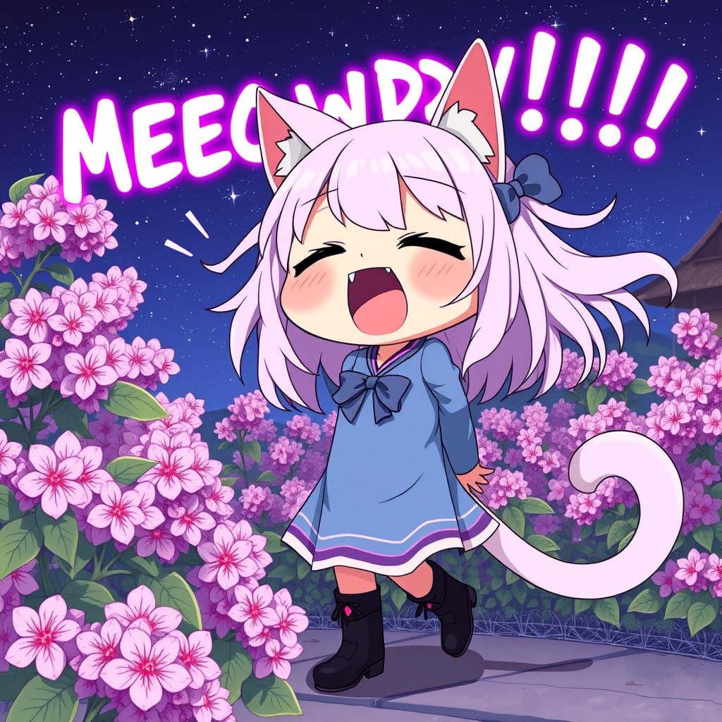 Adorable Anime Catgirl Shouts at Blooming Lilacs