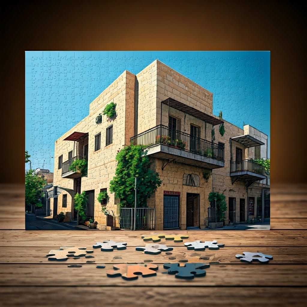 Abstract Israeli Urban Scene Puzzle on Worn Wooden Table