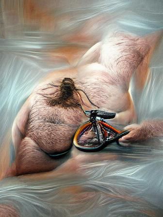 Fat hairy naked man riding a bicycle hyperrealism