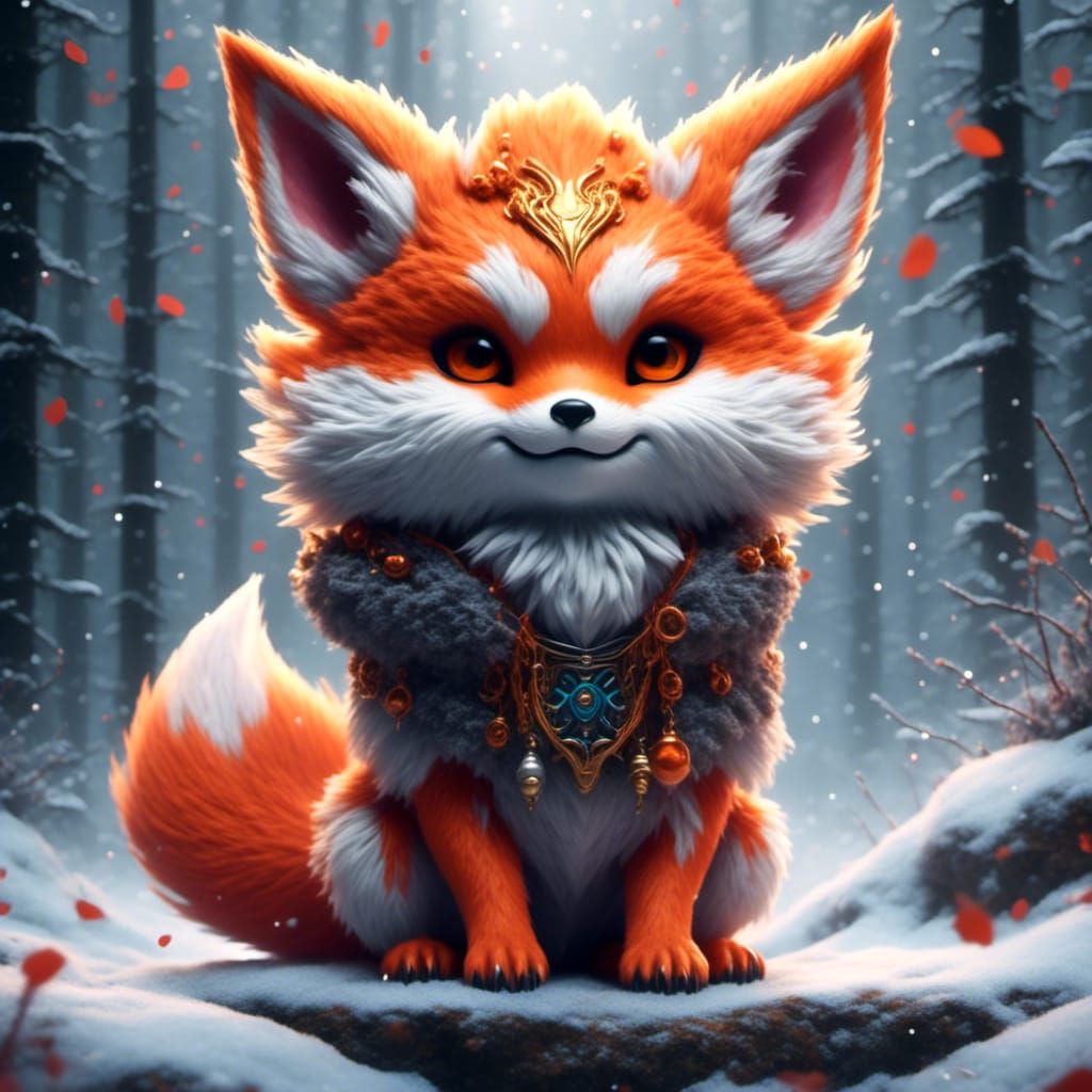 Chibi Kitsune Fox in Snowy Forest