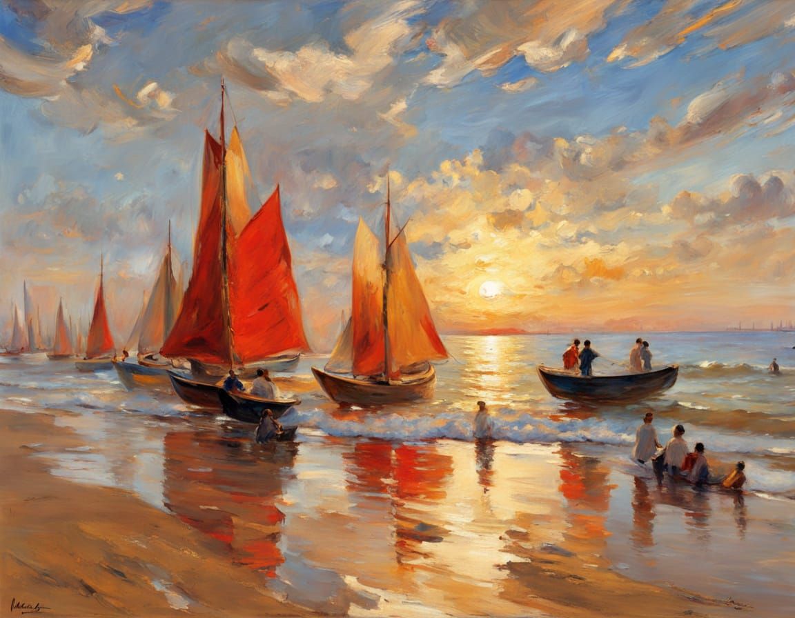 Impressionist Beach Scene: Children Swimming and Sunbathing