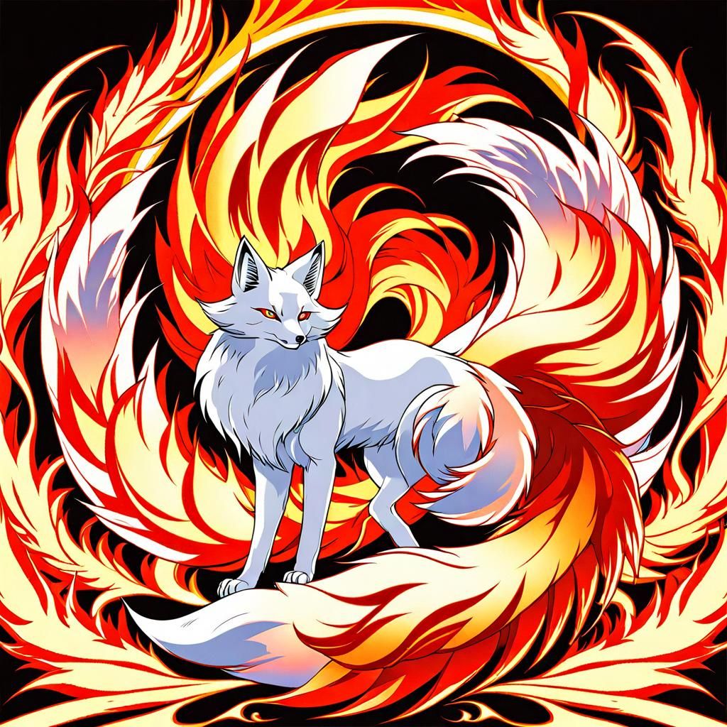 Anime Japanese Nine-Tailed Fox with Flames