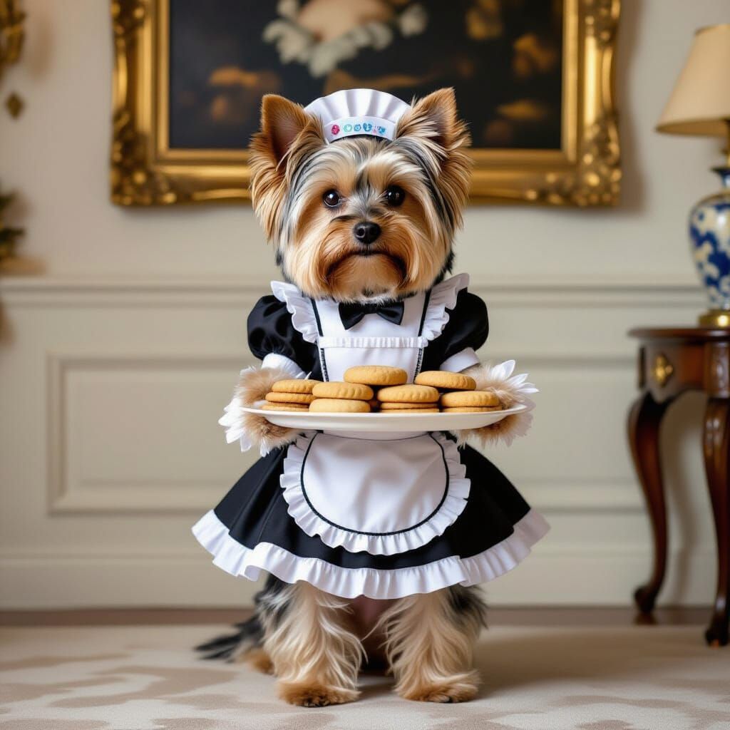 Adorable Yorkie in French Maid Outfit Serves Biscuits