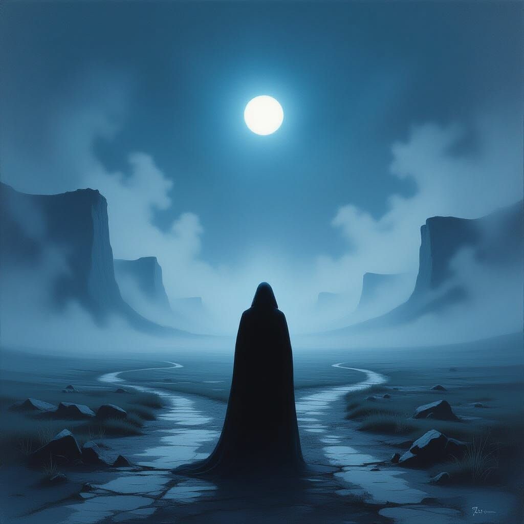 Solitary Figure in Surreal Misty Landscape