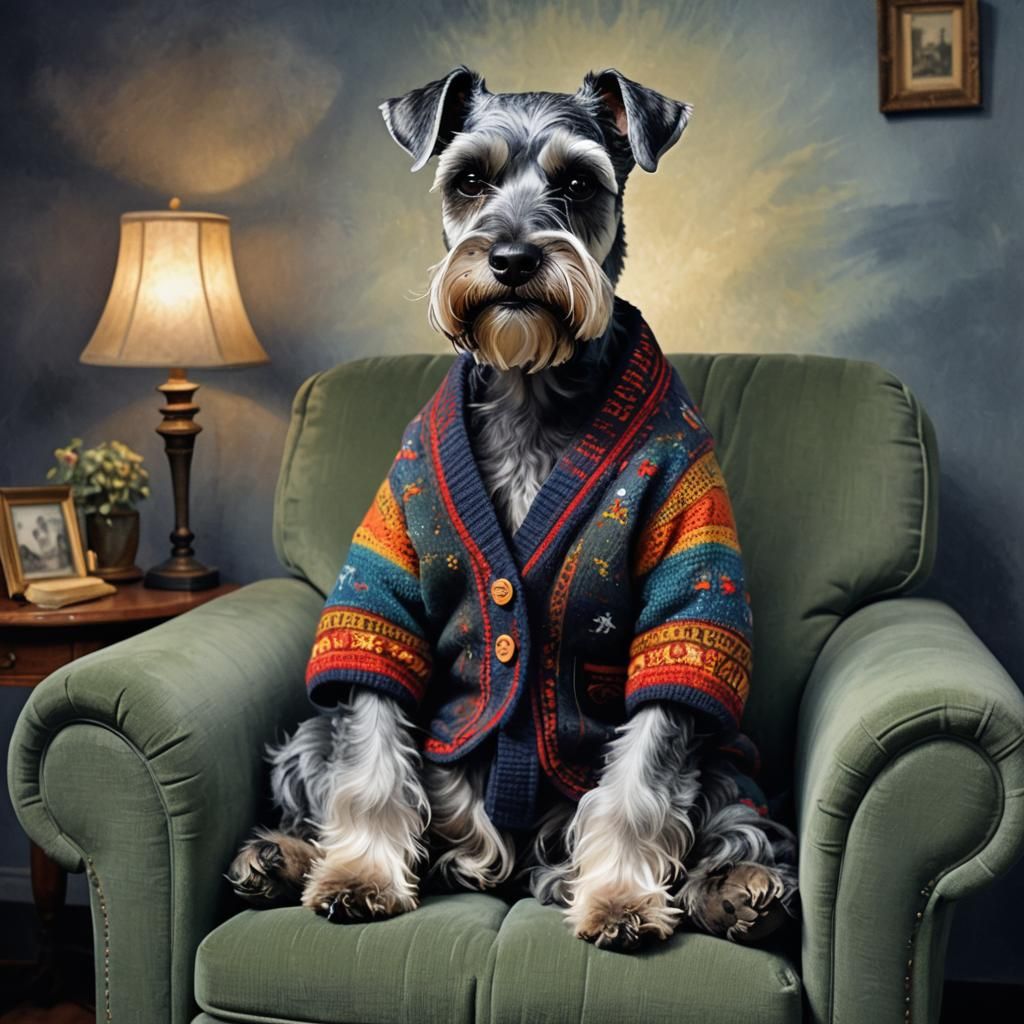 Miniature Schnauzer Reading in Armchair