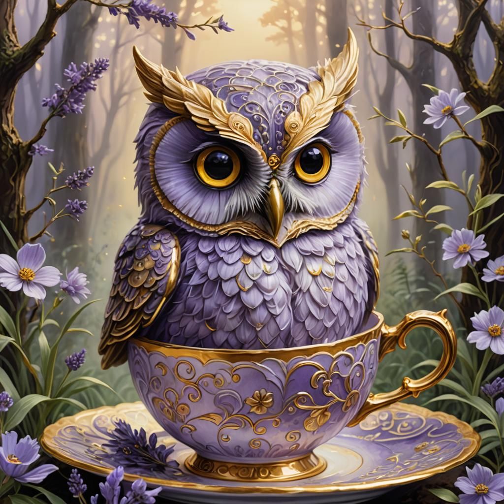 Owl in Teacup: Whimsical Fantasy Art