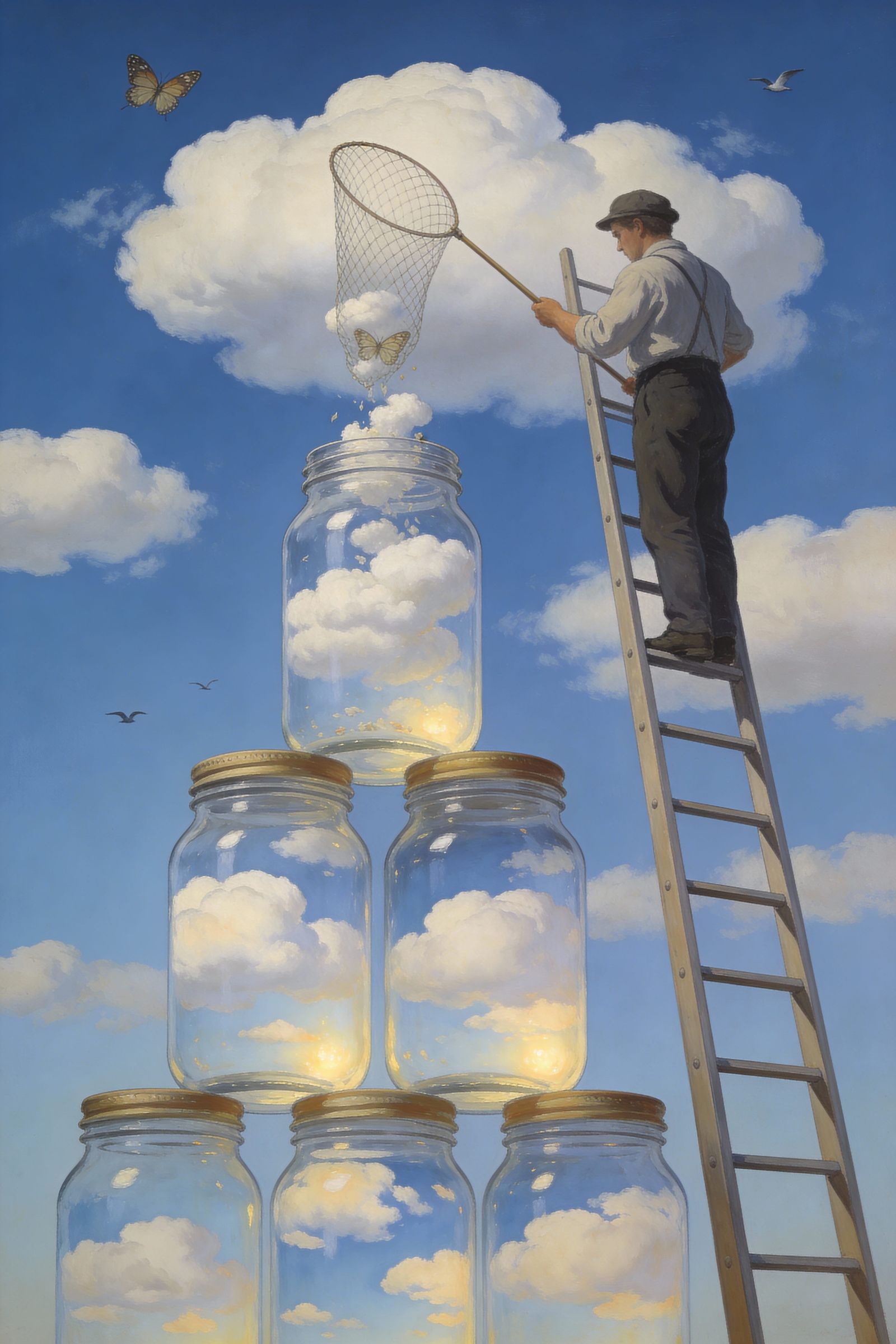 Surreal Cloud Collector Harvesting Sky in Jars
