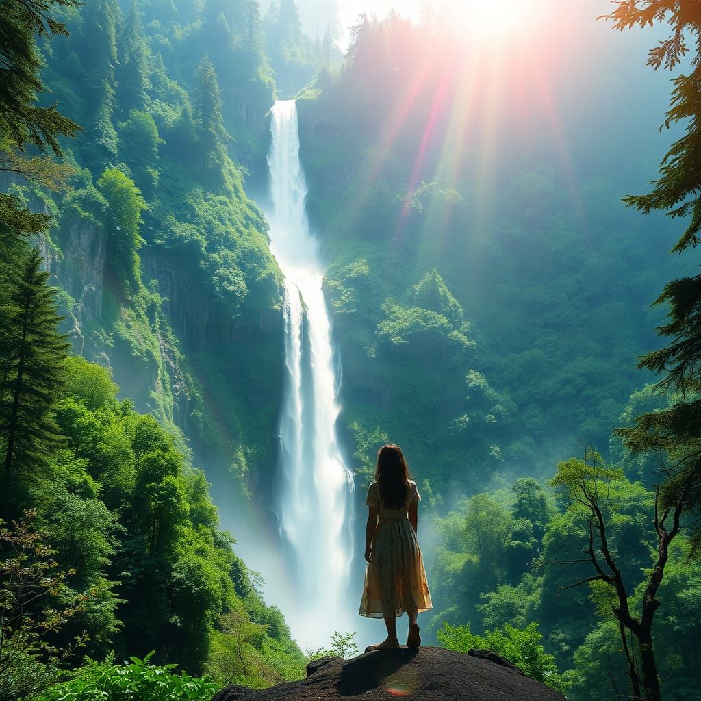 Woman at Rainbow Waterfall: Romantic Landscape Art