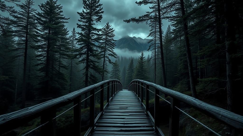 Macabre Hyperrealism: Bridge Over Misty Ravine at Twilight
