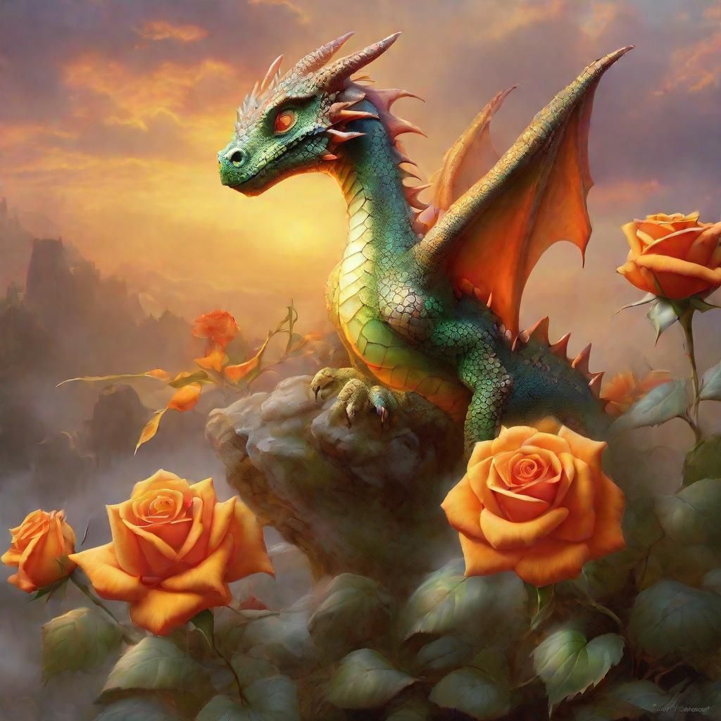 Baby Dragon on Rose: Ethereal Fantasy Art