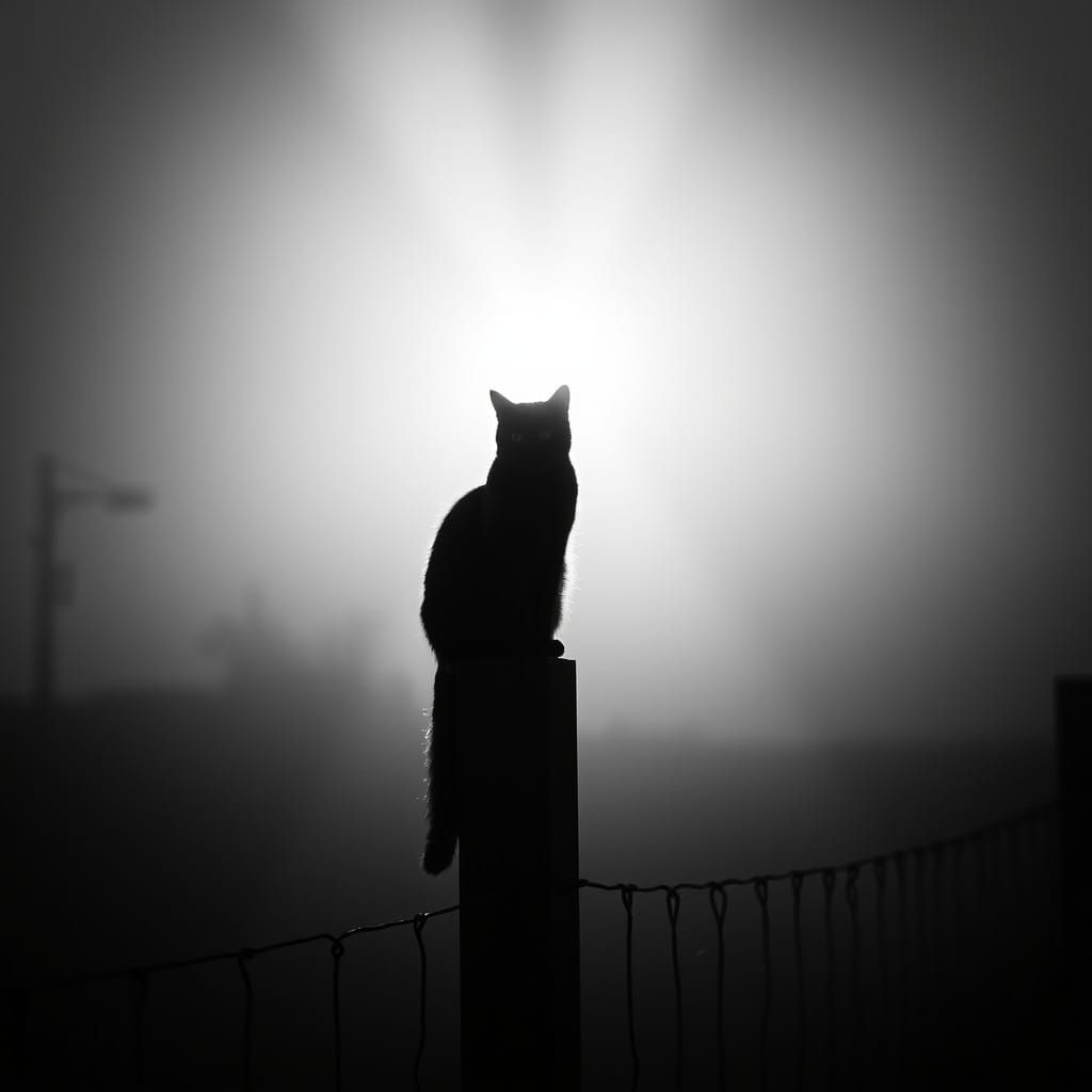 Black Cat Silhouette on a Fence Post in Dramatic Light