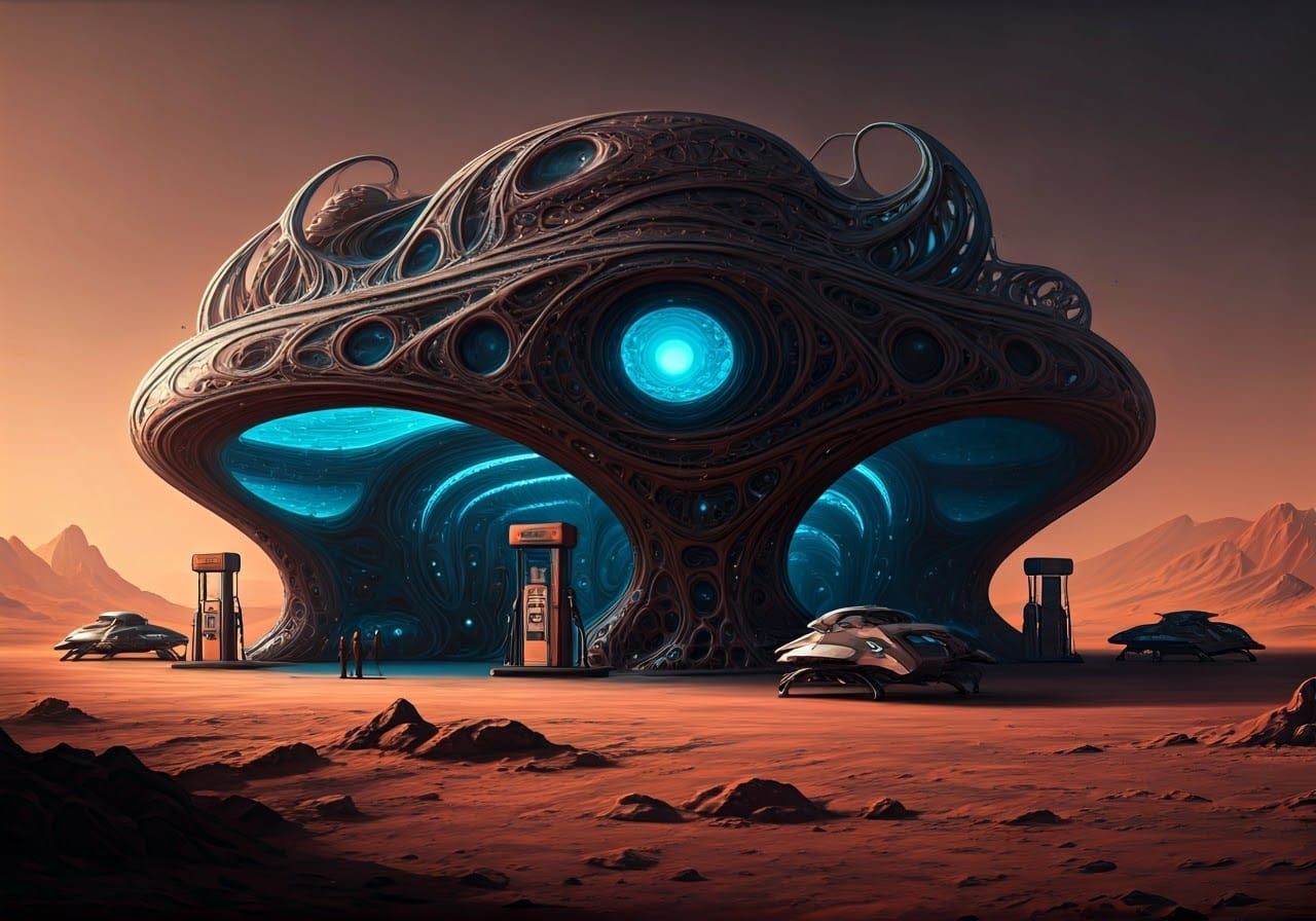 Biomechanical Alien Gas Station on Mars in Dark Fantasy Styl...
