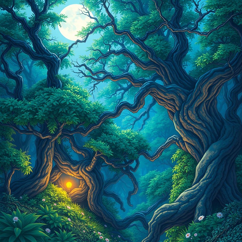 Dreamlike Anime Forest Scene with Glowing Trees